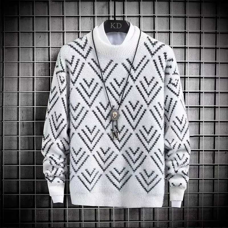 Men's Sweaters Autumn Winter Men's Sweater Plush Warm Color Block Knitted Sweater Harajuku High Street Slim Fit O-neck Top Japan Men'