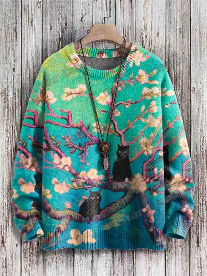 Men's Sweaters Black Cat Funny Cat Sunflower Art Pattern 3D Printed Men's Knitted Pullover Winter Unisex Casual Knit Pullover Sweater ZZM4