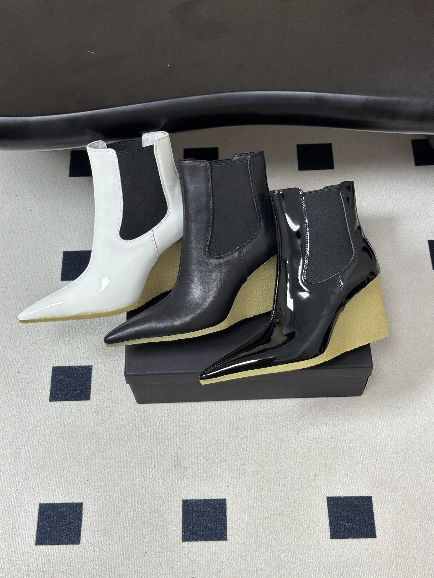 wedge boot designer woman point toe matte leather ankle chelsea work office luxury comfortable brown black vintage retro modern casual fashion stree
