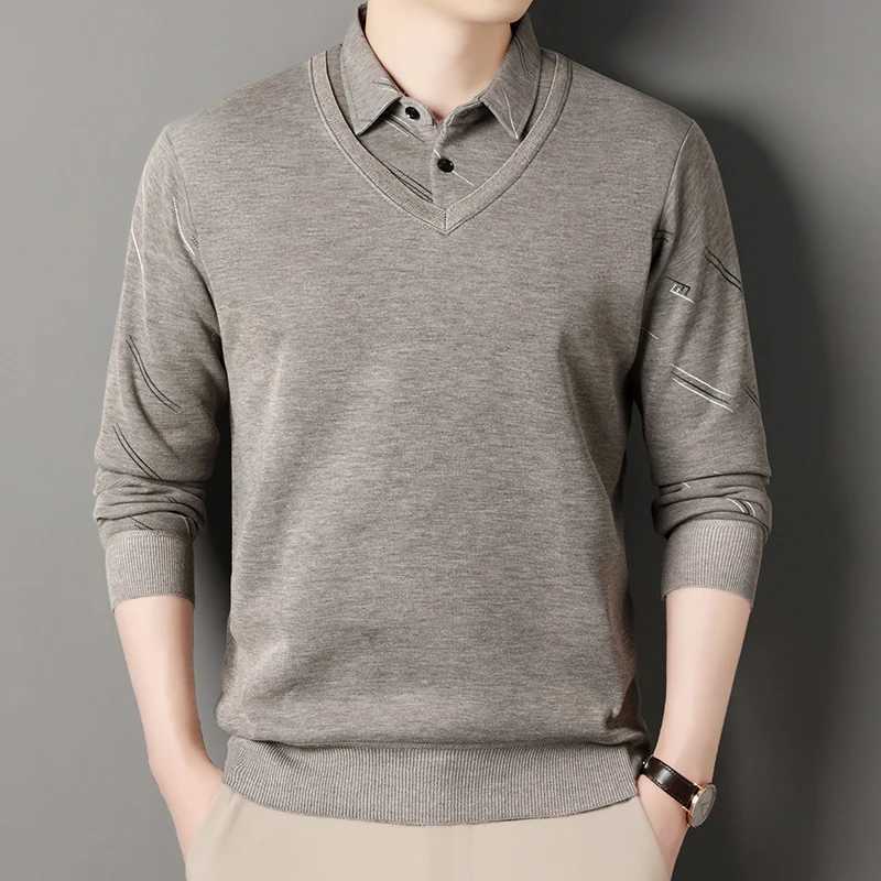 Men's Sweaters Men's fl1 Lining Sweater Autumn Winter Pullover Shirt Collar Fake Two Piece Thick Warm Top Clothes Casual Knitwear D261009