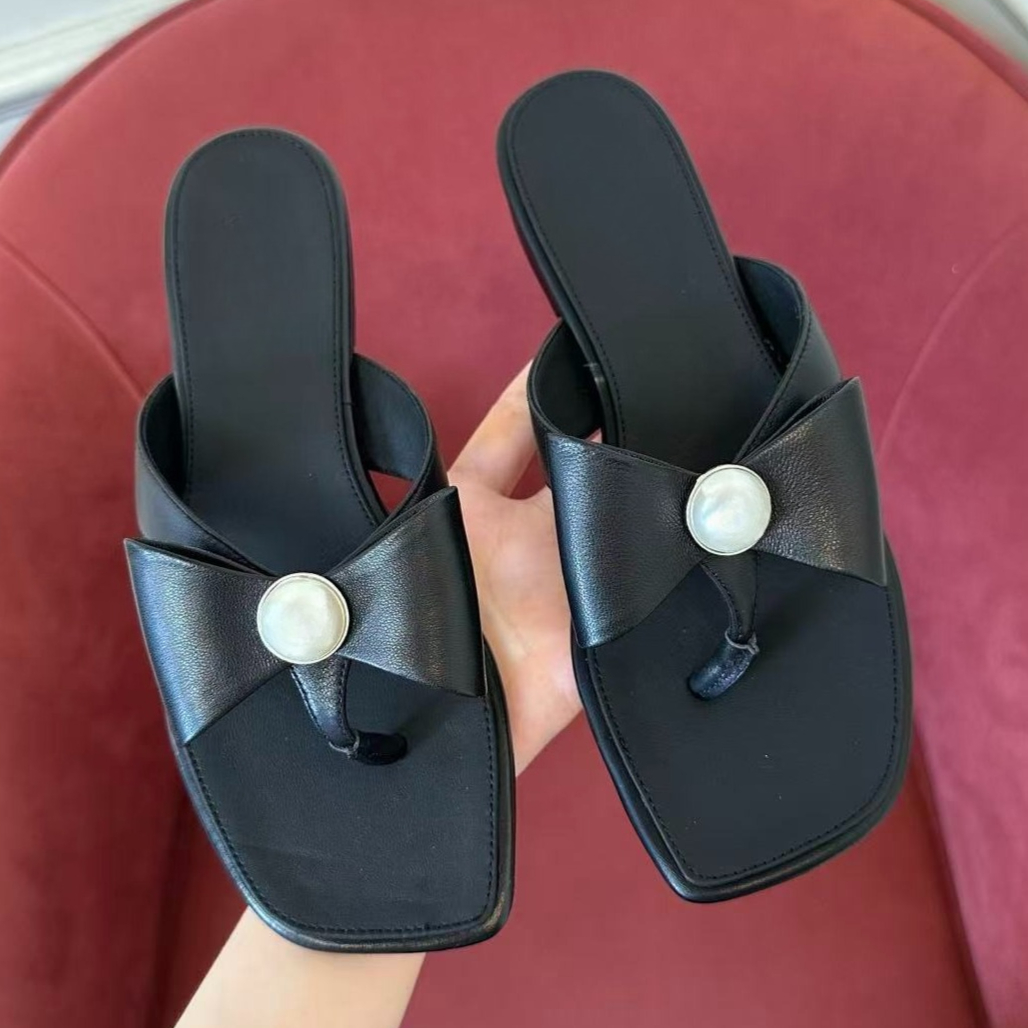 19A Full Handmade Genuine Leather Designer shoe Black Top-quality New Butterfly Knot Pearl Flip-Flop Women Summer Flat Sandal Versatile Strappy Beac