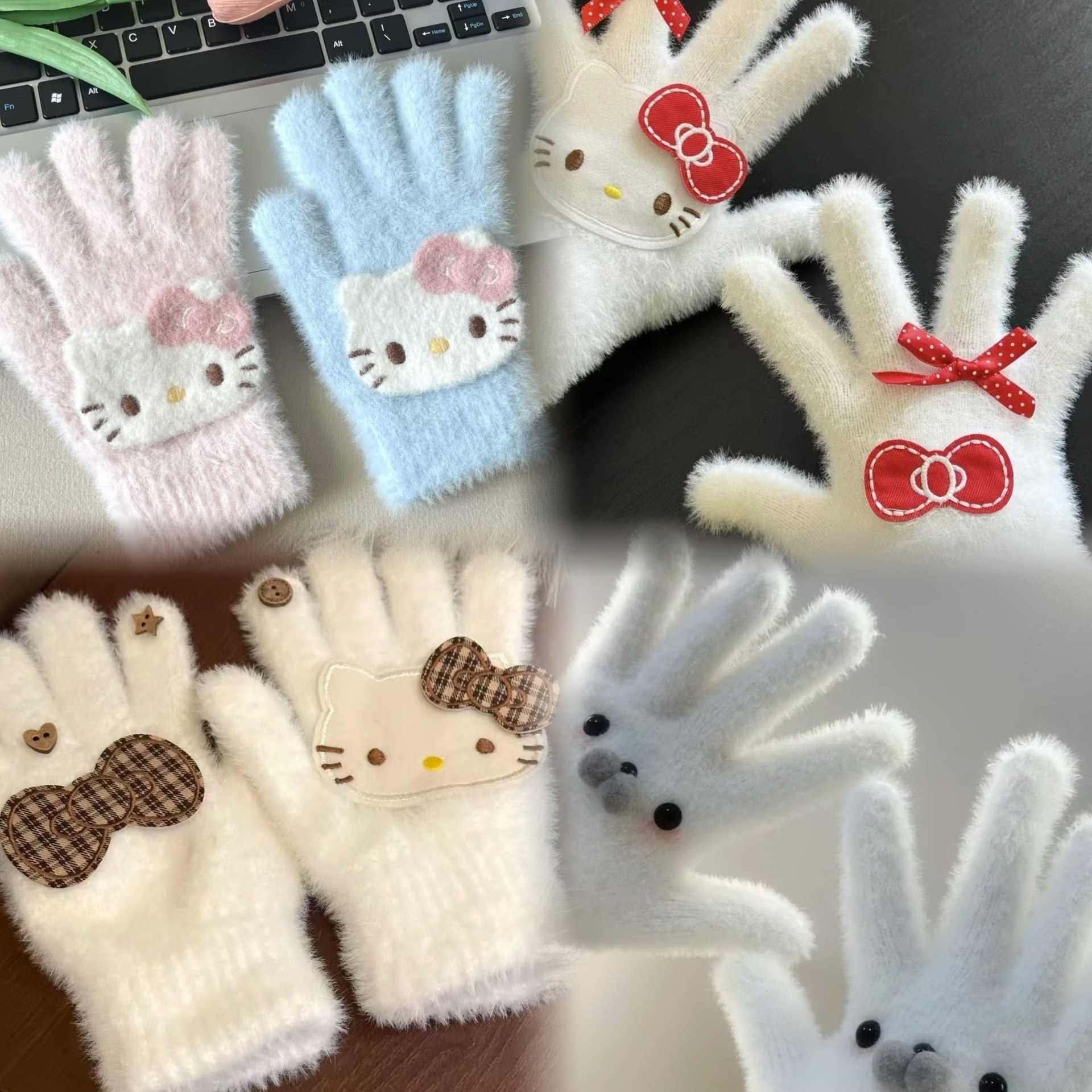 New Artistic Plaid Kitty Gloves for Women Winter 2025 Warm Five-Finger Student Riding Cold-Proof Q26100