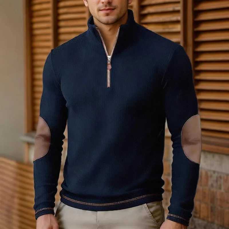 Men's Sweaters Men's Vintage Half Zip Pullover Stand Collar Ribbed Knit Sweater Elbow Patchwork Casual Fall Winter Top D261009