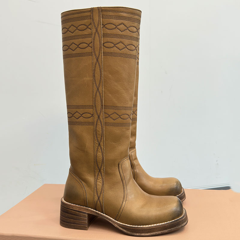 Embroidered Leather Boots Designer Classic Western High Boots Ladies Vintage Calf Leather Boot Womens Leather Covered Heel Motorcycle boots