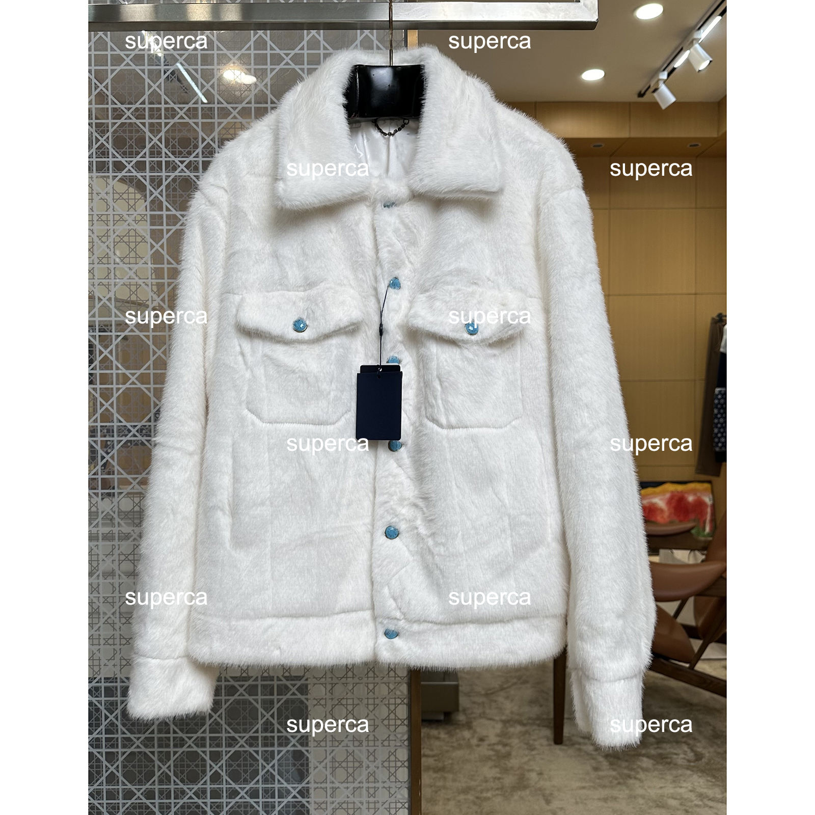 Luxury Mink Fur Lapel Coat Designer Turquoise Button Pocket Jacket Unisex White Loose Warm Winter Outerwear For Men and Women Puffer Jacket