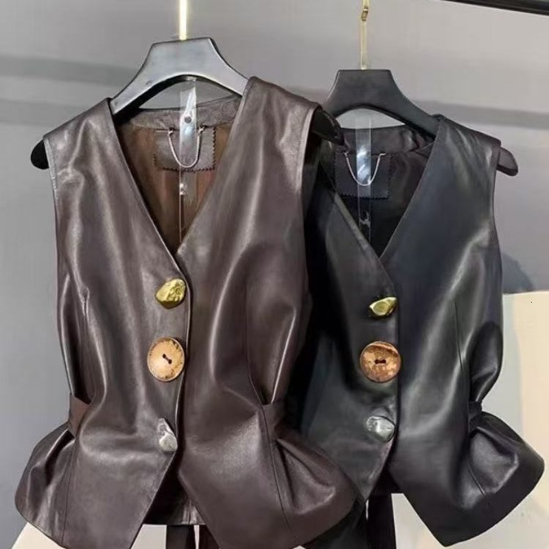 Light Luxury High-End Irregular Button Design Sense V-Neck Women's 2026 Autumn New Top PU Leather Jacket Sleeveless Vest