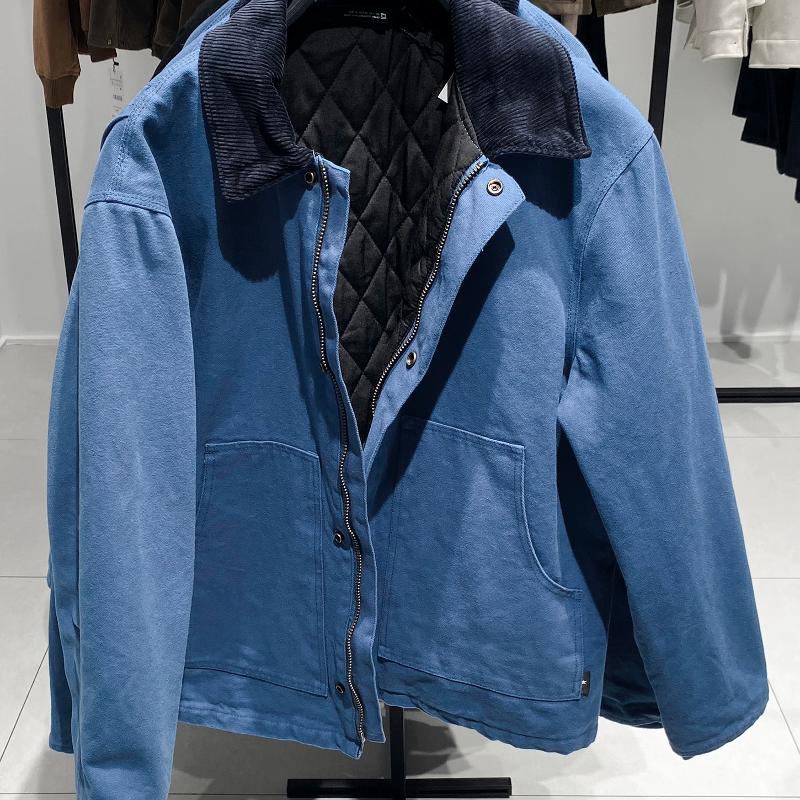 Designer Coat Men's Washed Cotton Padded Work Jacket Color Block Lapel Collar Zip Loose Fit Autumn Winter Warm Outerwear