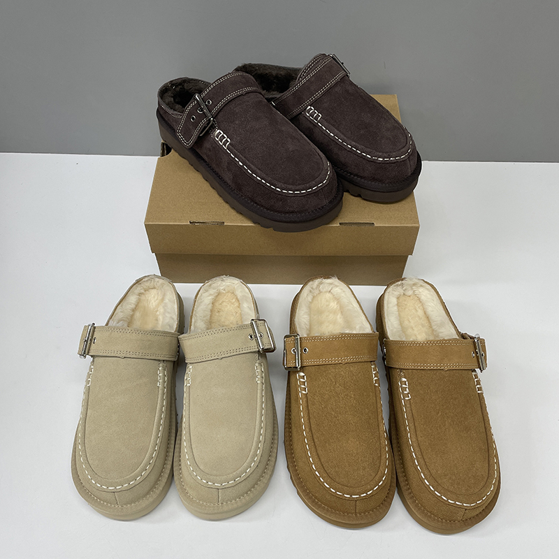 Plus Size Eu47 Men Women Winter Boots Wool Platform Mules Designer Thick Sole Buckle Clogs Warm Plush Faux Fur Embroidered Slippers 1186