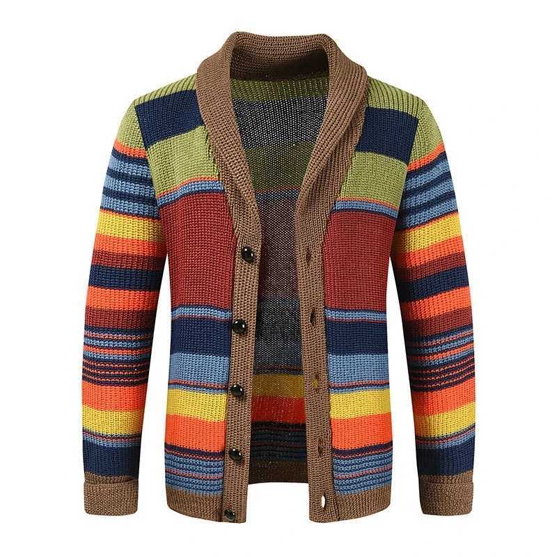 Men's Sweaters New European and American fashion men's sweater jacket autumn and winter lapel color blocked knitted cardigan top jacket D2