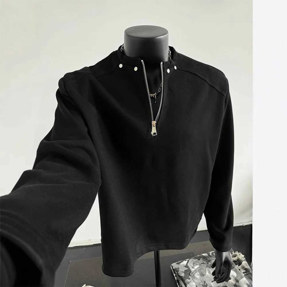 Men's Sweaters Men's Sweatshirt 2026 Spring Autumn Black Half Zip Shoulder Pad Sweatshirt Studded Regular Shoulder Edgy Cropped Sweater D2