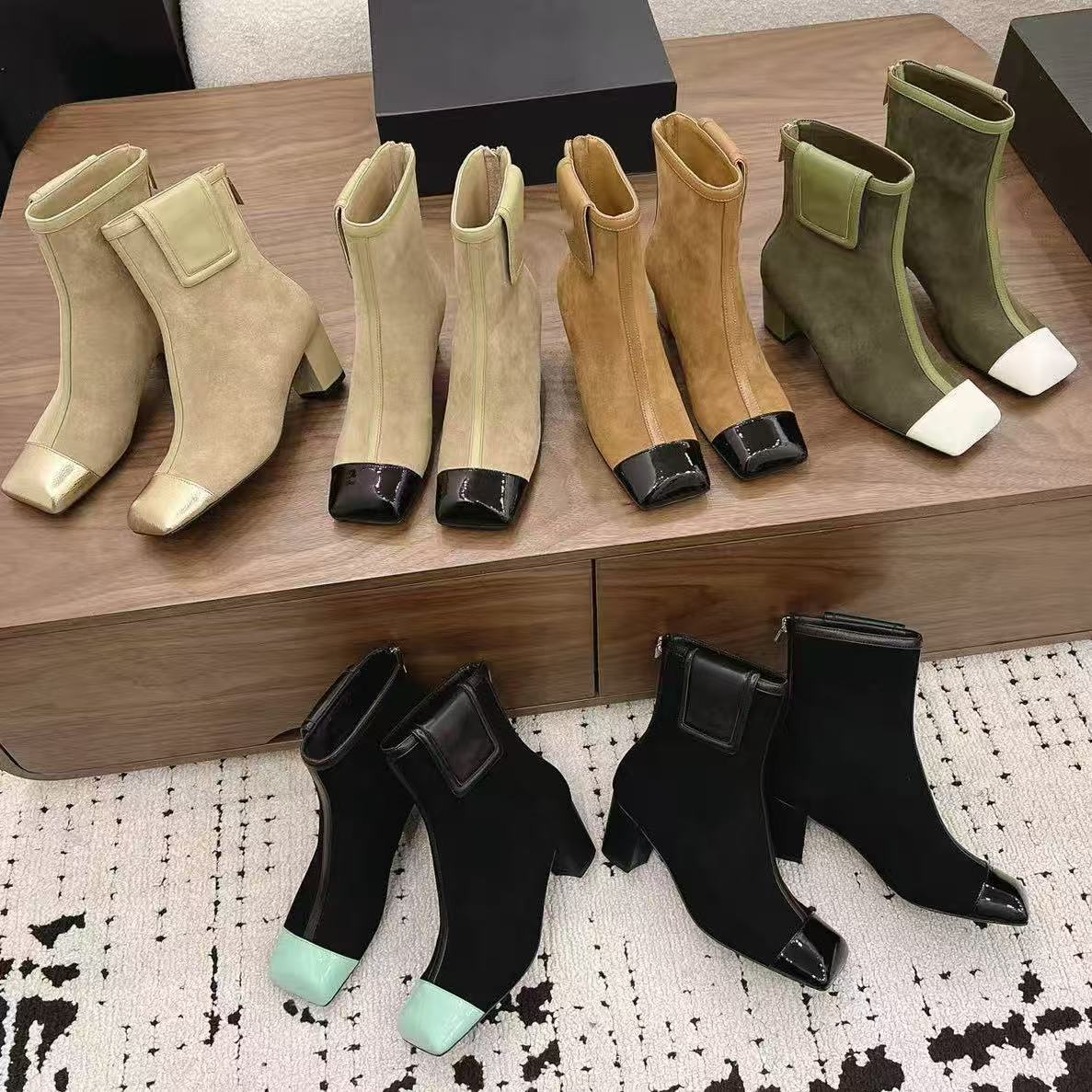 Botines con punta cuadrada para mujer Botas cortas con empalme de gamuza con punta de charol en bloques de color Malla de gamuza Dos estilos Tacón d