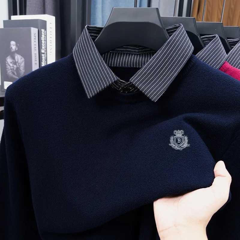 Men's Sweaters Quality Men's ONeck Knit Sweater Autumn Embroidered Fake Two Piece Solid Color Pullover Tops Casual Daily Men's Clothi