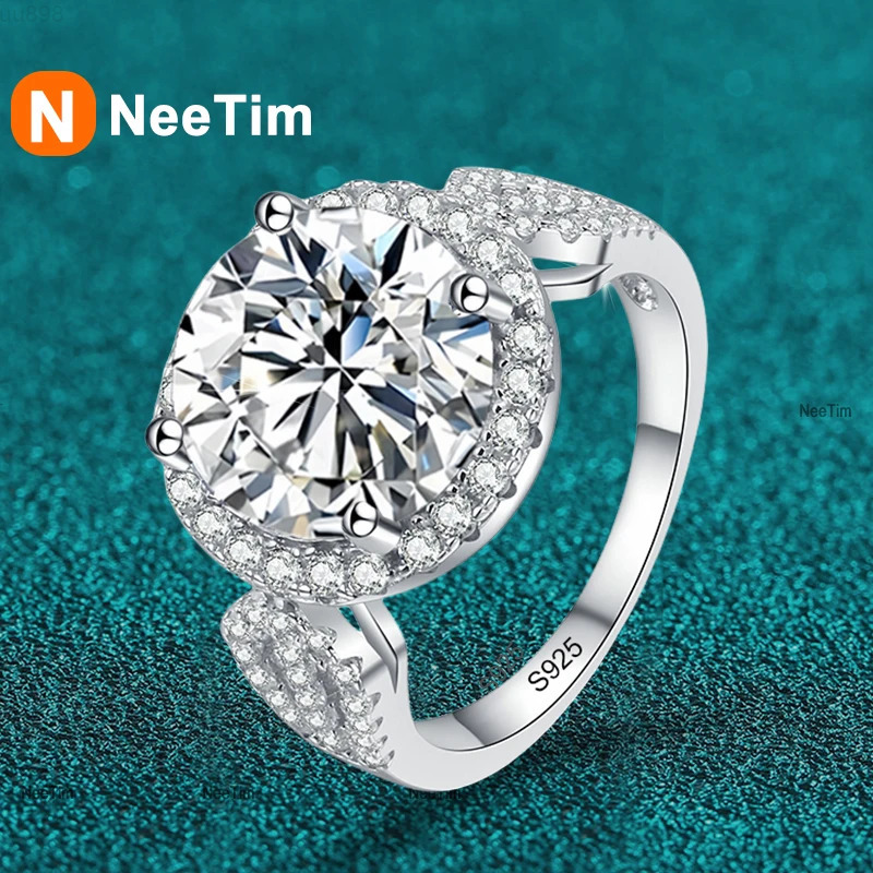 NeeTim 5ct D Color Moissanite Engagement Ring S925 Sterling Silver with White Gold Plated Luxury Wedding Ring for Women Jewelry