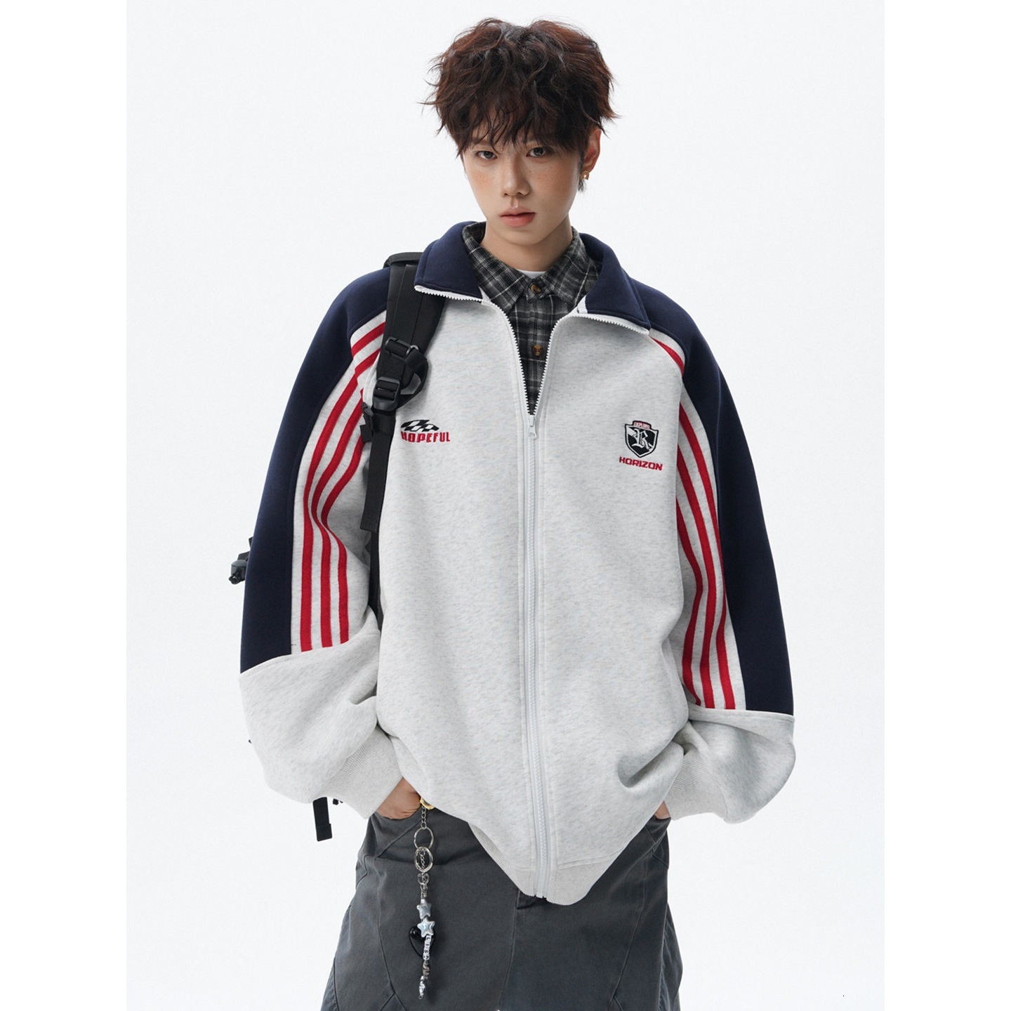 Men's autumn embroidered striped stand-collar loose oversized sweatshirt, trendy brand, plus size, college style cardigan 3 67