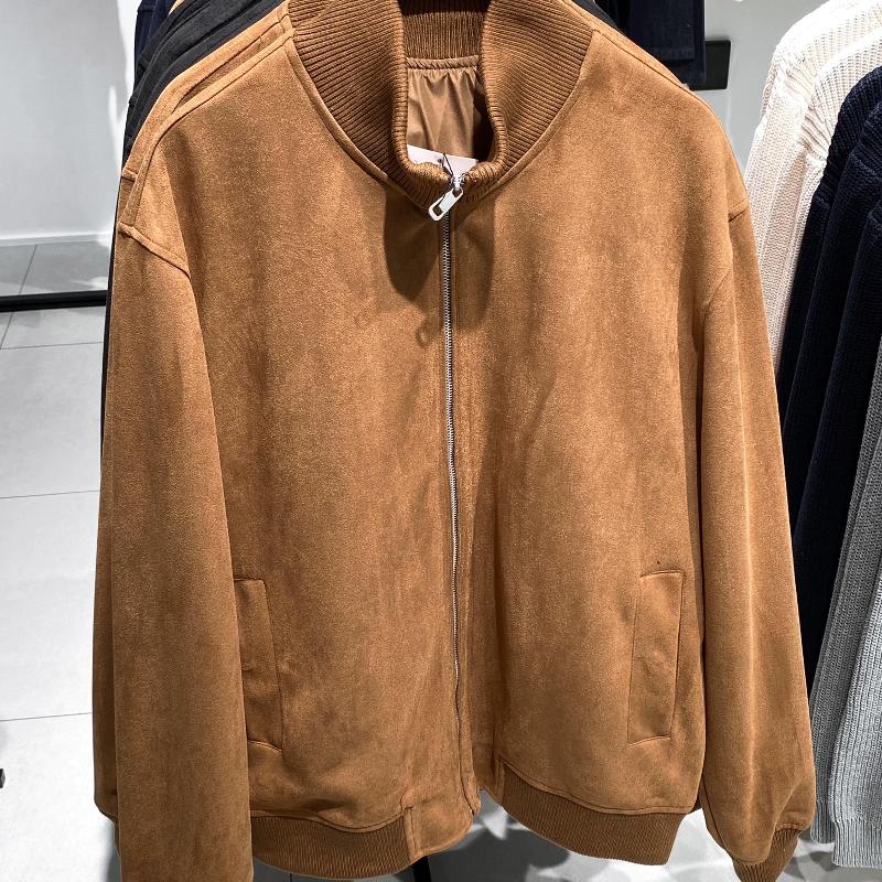 Design Men's Faux Suede Jacket Slim Fit Zip Up Stand Collar Long Sleeve Solid Casual Fall Winter Outerwear Coat