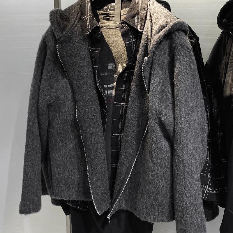 Designer Men's Autumn Winter Wool Blend Faux Fur Hooded Jacket Zip Up Warm Fleece Coat Casual Outerwear Black Grey S-XL