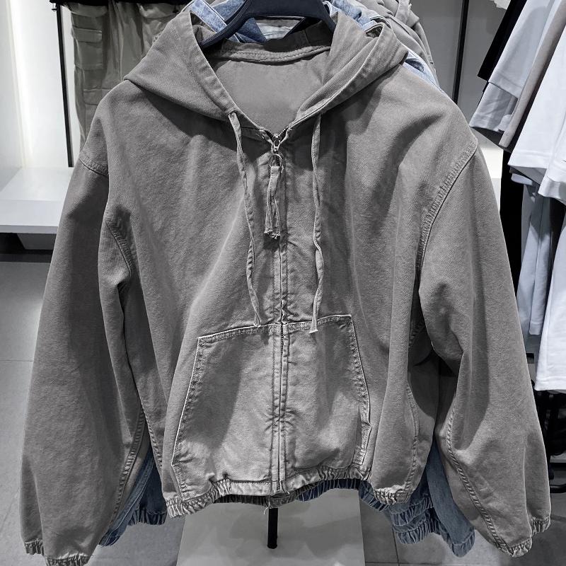 Veste à capuche en denim délavé de style américain pour hommes, coupe ample, coupe courte, fermeture éclair, manteau en coton, printemps, automne