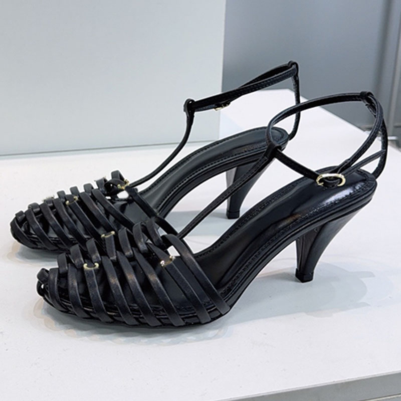 Ladies elegant calfskin kitten pumps Engraved adjustable buckle Cage effect design slingback Unique Conical satin covered heel sophisticated evening