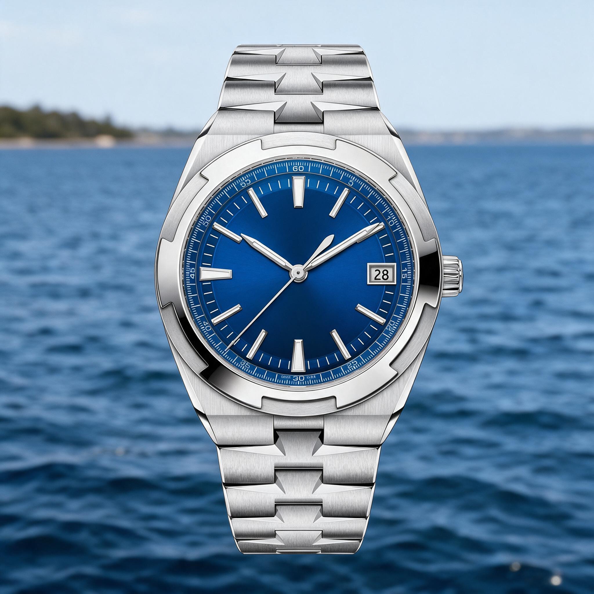 Montre-bracelet mécanique automatique pour homme, cadran bleu 41 mm, bracelet en acier inoxydable, calendrier, aiguilles lumineuses, étanche, mon