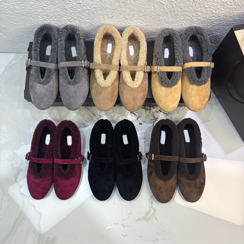 26ss Nouveau Designer Mary Jane Chaussures Femmes Laine Robe Chaussures En Daim Ballerines Confortables Hiver Chaud Mocassins Shearling Chaussure