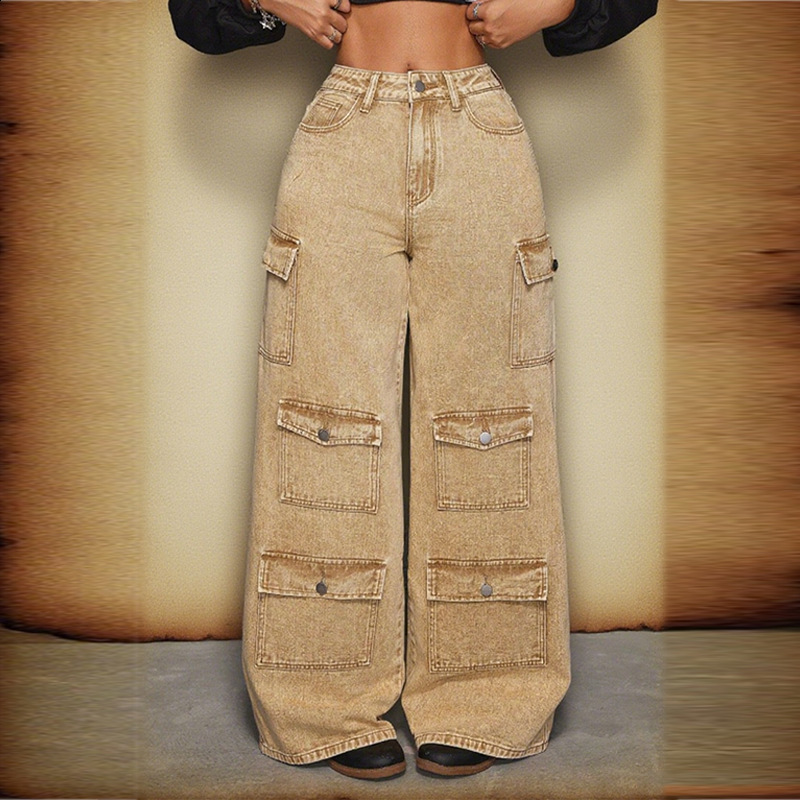 Womens jeans Autumn Vintage washed pure cotton Womens pants Multi pocket decorative cargo pants Floor mopping pants 240822
