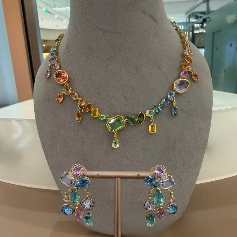 Women Multicolor Cubic Zirconia Jewelry Set Vintage Gold Plated Necklace Dangle Earrings for Wedding Party Gift