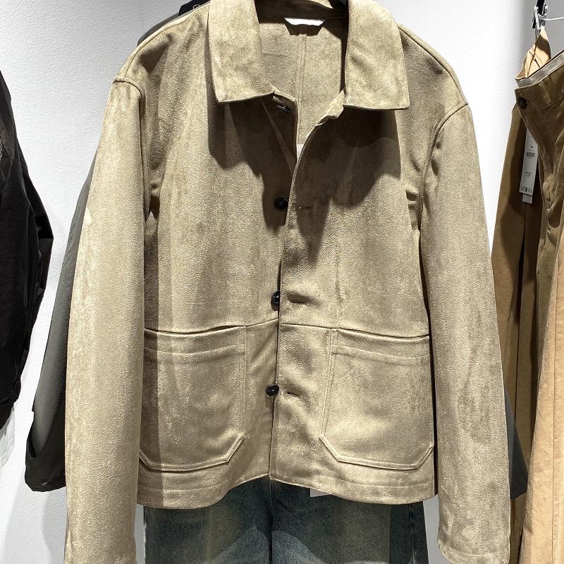 Designer Bestseller Men's Faux Suede Cargo Jacket Spring Casual Button Front Lapel Collar Long Sleeve Loose Fit Work Coat Gray Green