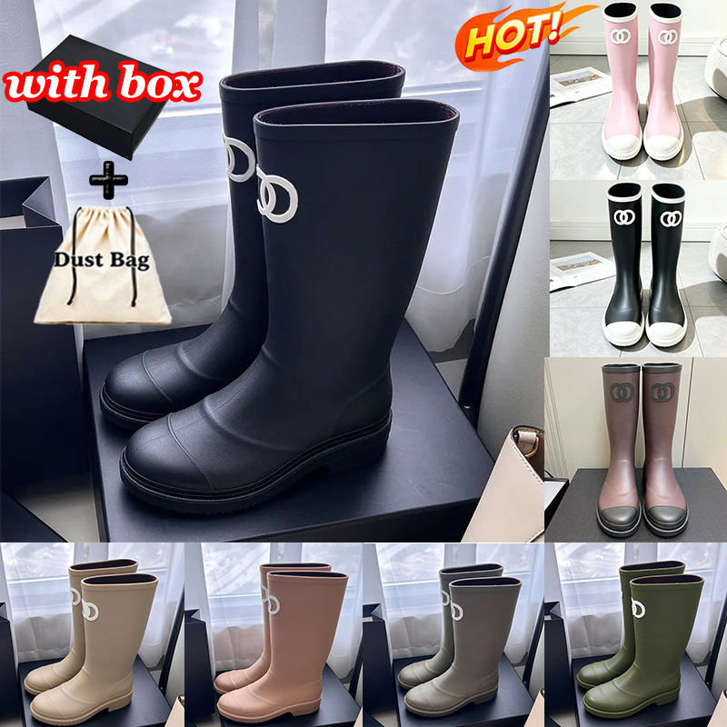 free shipping with box New Rain boots designer boots brand Women Heel Thicks Sole Ankle over the knee Men Womens Rubber Boot Rainboots bright black