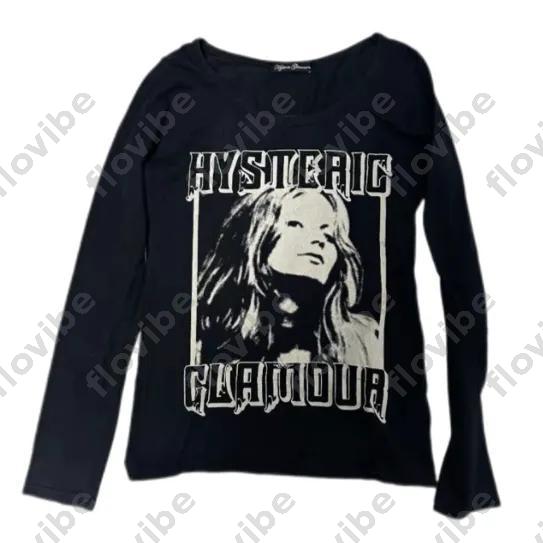 Designer Portrait Graphique T-shirt à manches longues Femmes Hysteric Glamour Vintage Y2K Grunge Col rond Blanc Casual Tee Streetwear Top