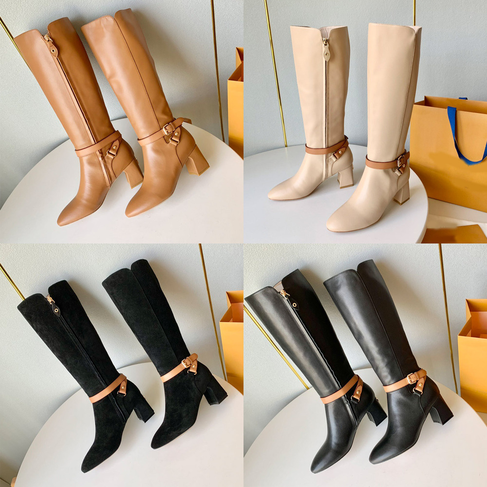 knee high woman designer boot block heel point toe zipper strap leather luxury comfortable black beige khaki gold work office vintage retro modern c