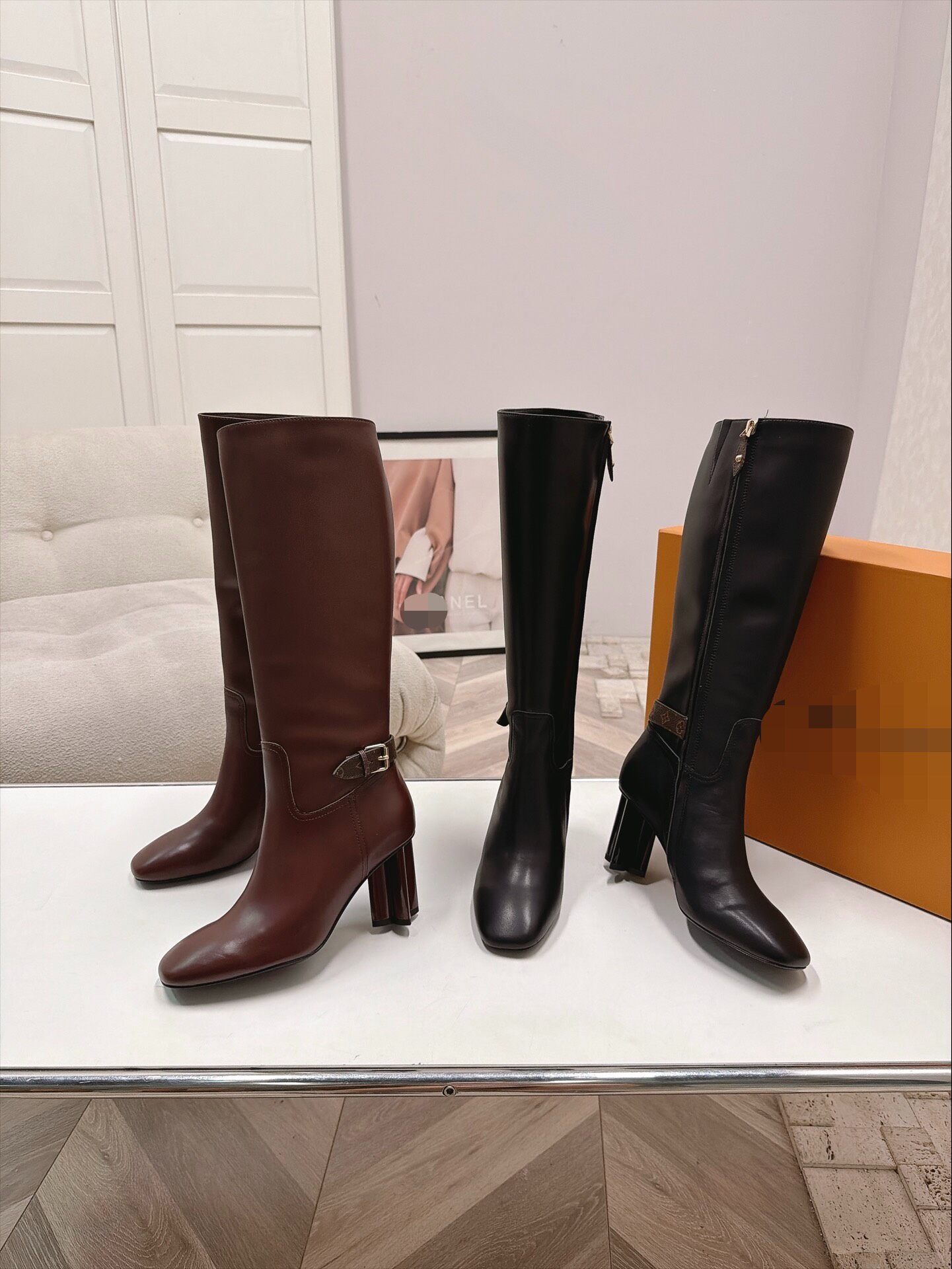 boot woman designer block heel knee high point toe canvas gold zipper buckle luxury comfortable brown black party street vintage retro modern fashio