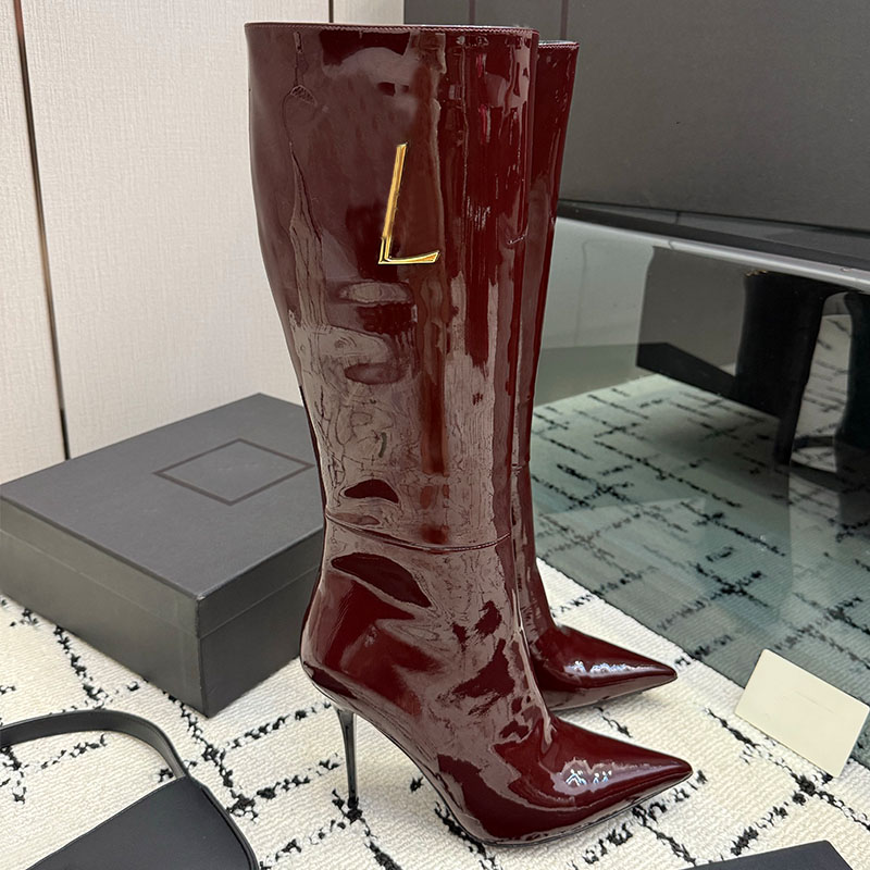 Luxury Knee Boots Women Designer Boots Lacquer Leather Texture Knee Heel Look Slim Version Exquisite Details Original Customized Party Trendy Leathe