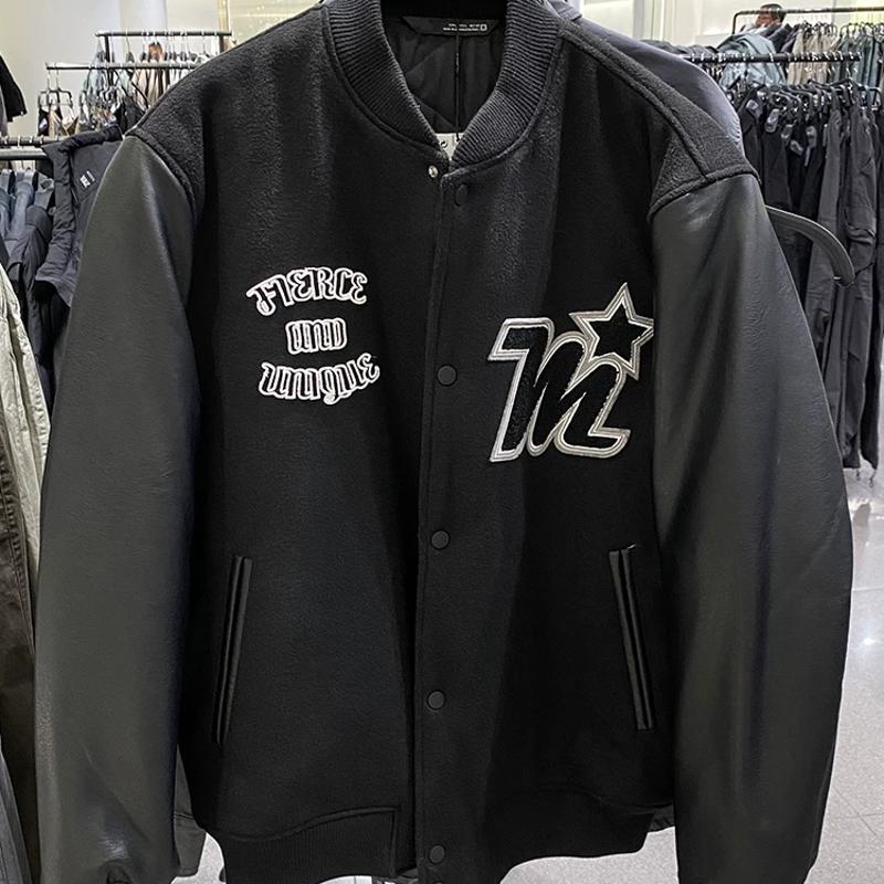 Veste à col de Baseball pour hommes, manches en simili cuir, coupe ample, manteau rembourré brodé, vêtements d'extérieur chauds d'hiver, noir