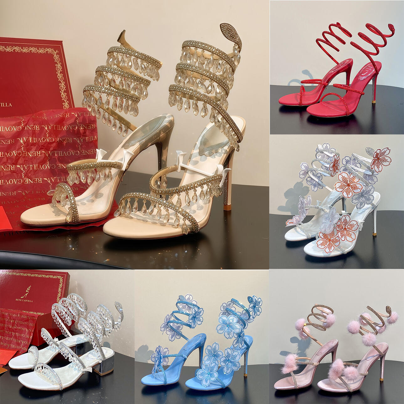 Rene Cleo Sandali Margot impreziositi da cristalli Strass Snake Strass tacco a spillo da donna tacco alto Designer di lusso Caviglia avvolgente Scar