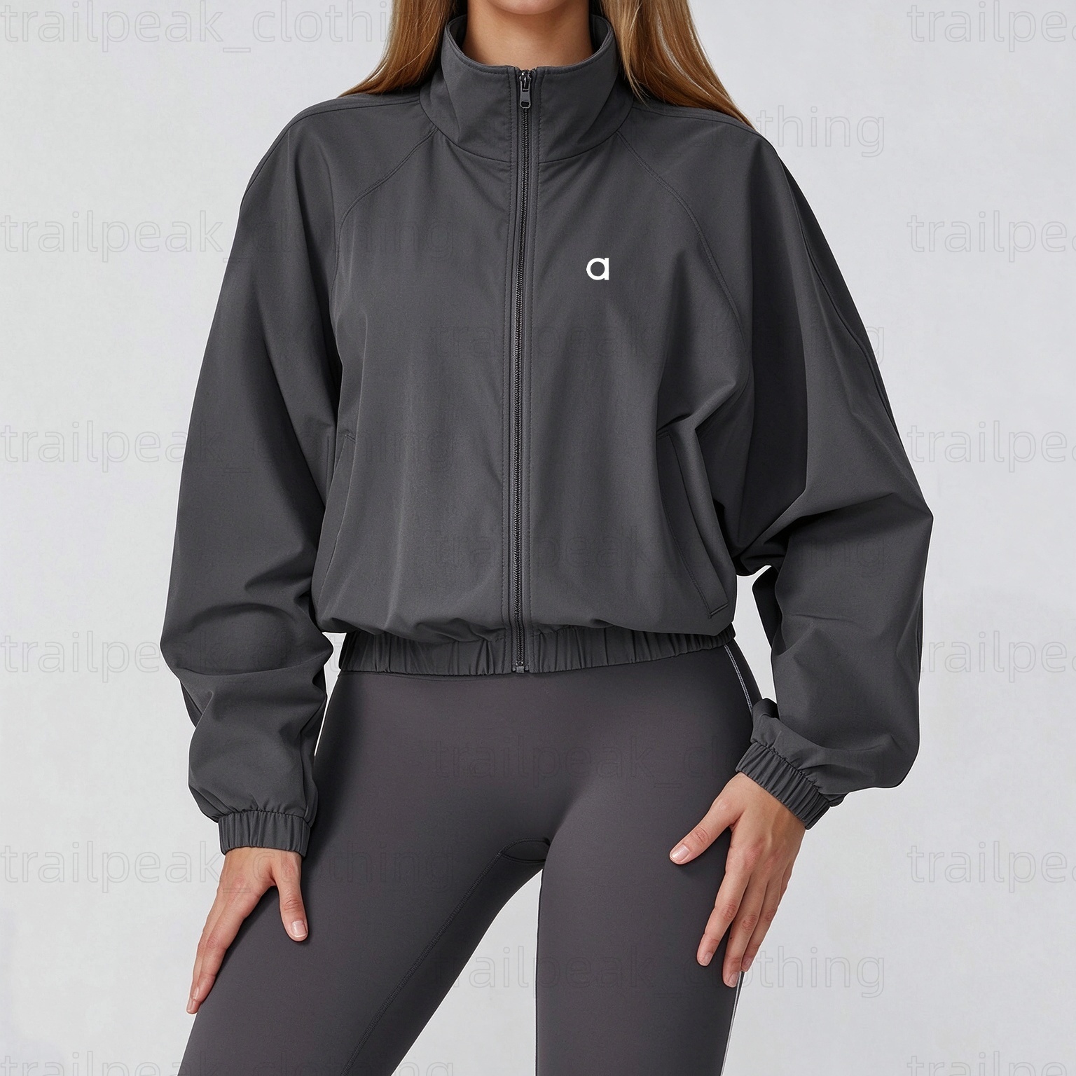 Aloismlyitys Womens Quick drying stand up collar sports jacket women's zipper windproofoutdoor running fitness long sleeved yoga suit Wide-leg