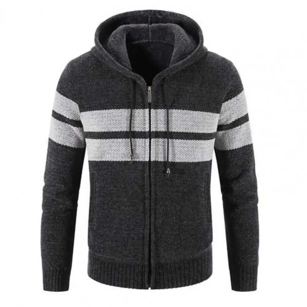 Men's Sweaters New Winter Cardigan Men Fashion Striped Hooded Sweater Jackets Casual Mens Thick Warm Knitting Cardigan Sweatercoat Men Clothing