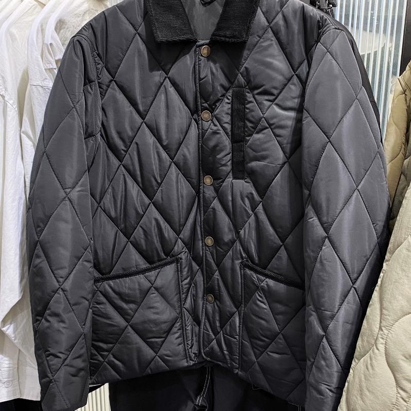 Designer Men's Quilted Padded Winter Jacket Color Block Lapel Collar Loose Fit Warm Snap Button Coat With Pockets Casual Outerwear