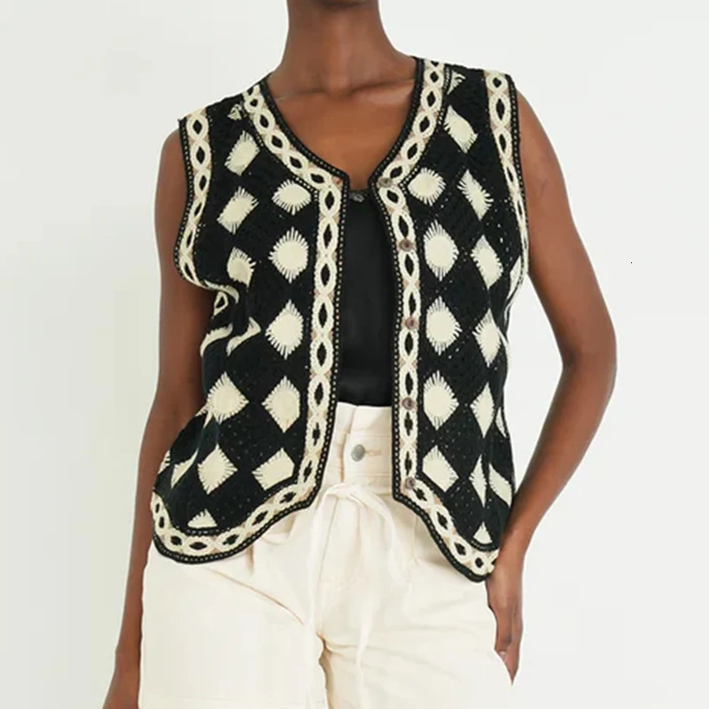 Black and White Checkered Vest Crochet Top for Women Sheer Open Knit Sleeveless Button Down Waistcoat Jacket Boho Vacation 260924