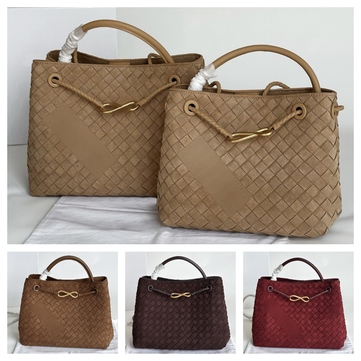 Luxury Designer Suede Bag Old Money Aesthetic Suede Bag Intrecciato Woven Tote Bag Knot Hardware Handbag Women Large Capacity Top Handle Shoulder Cr