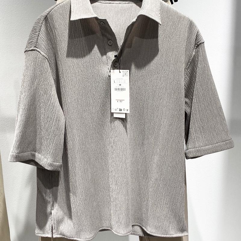 Marchandise de haute qualité Polo d'été à manches courtes pour hommes, coupe ample, texture gaufrée en soie glacée, col boutonné, gris clair uni,