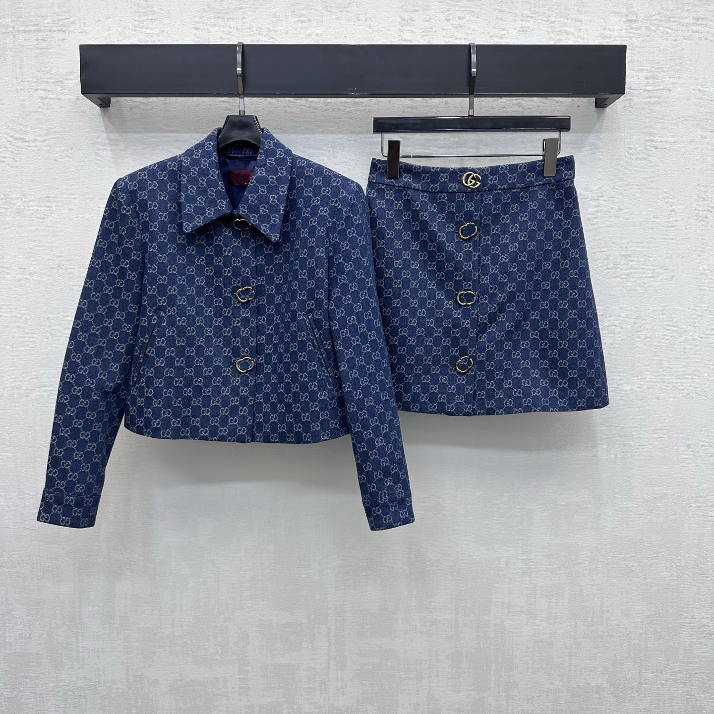 Designer high-quality women's jacquard denim two-piece set, short lapel jacket and high waisted A-line mini skirt set, retro luxury matching su
