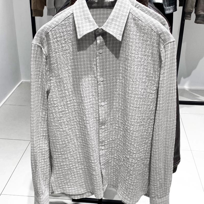 High-quality Men's Grey Checked Long-sleeve Button-down Collar Shirt, Loose Cotton, Casual Business Commute Top for Spring and Autumn