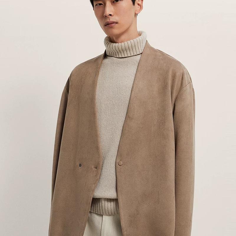Blazer en faux daim pour hommes, veste de costume décontractée, sans col, minimaliste, bouton unique, poches plaquées de couleur unie, printemps