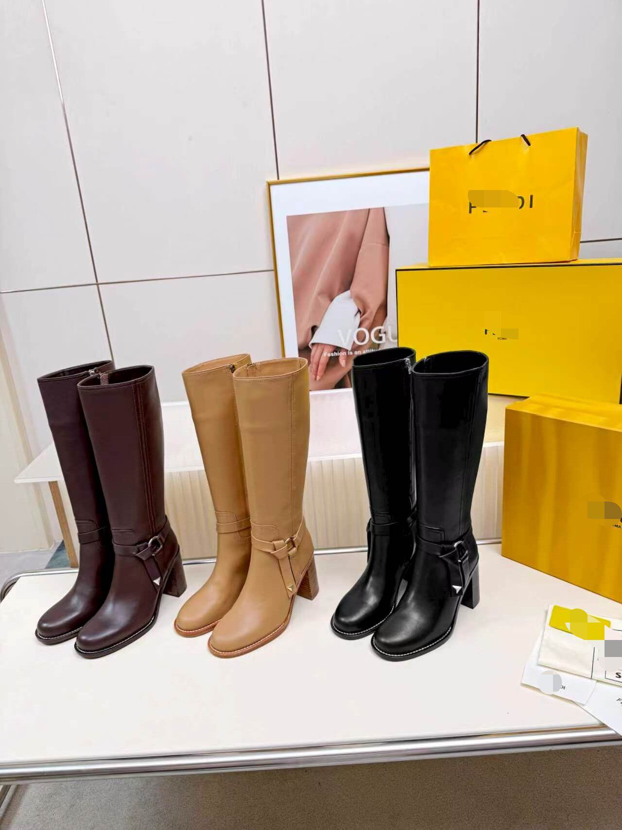 boot woman designer knee high block heel point toe zipper buckle leather luxury comfortable black brown gold work city vintage retro modern casual p