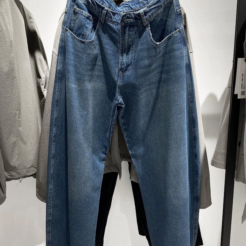 High-Quality Men's Washed Cotton Wide-Leg Jeans, Loose Straight Mid-Rise Casual Denim Trousers, Solid Color for Autumn
