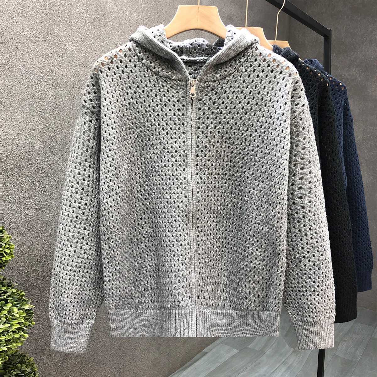 Men's Sweaters Spring Autumn Hooded Knitted Cardigan For Men Solid Color Zipper Hollow Out Sweater Jacket Korean Casual Fashion Knitting Coat D