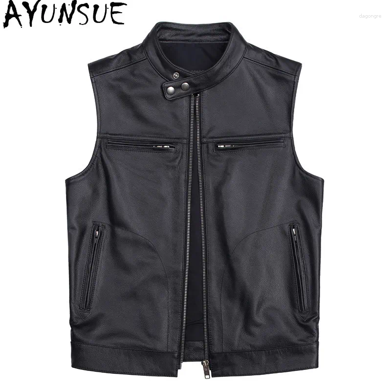 High Quality Cowhide Real Leather Vest For Man Sleeveless Fashion Genuine Jacket Men Motorcycle Streetwear