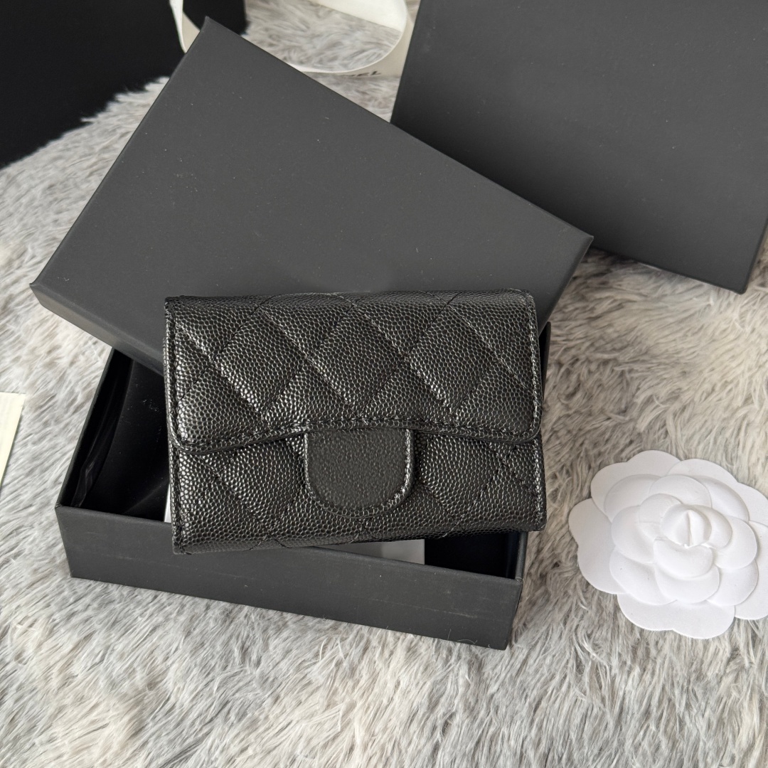 10A Designer Women's Leather Wallet Coin Wallet Credit Card Slot Mini Ultra Thin Black Card Top with ID Card Carrying Box C02