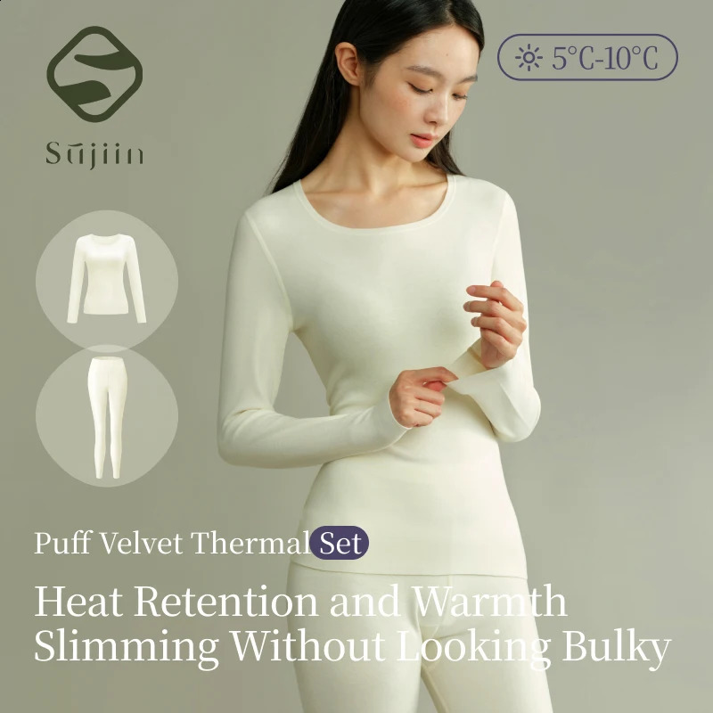 SUJIIN Women's Fleece Thermal Underwear Set 2026 Autumn Winter Crew Neck Thermals Tops Long Johns 2 Piece Sets for Woman XC002 261008