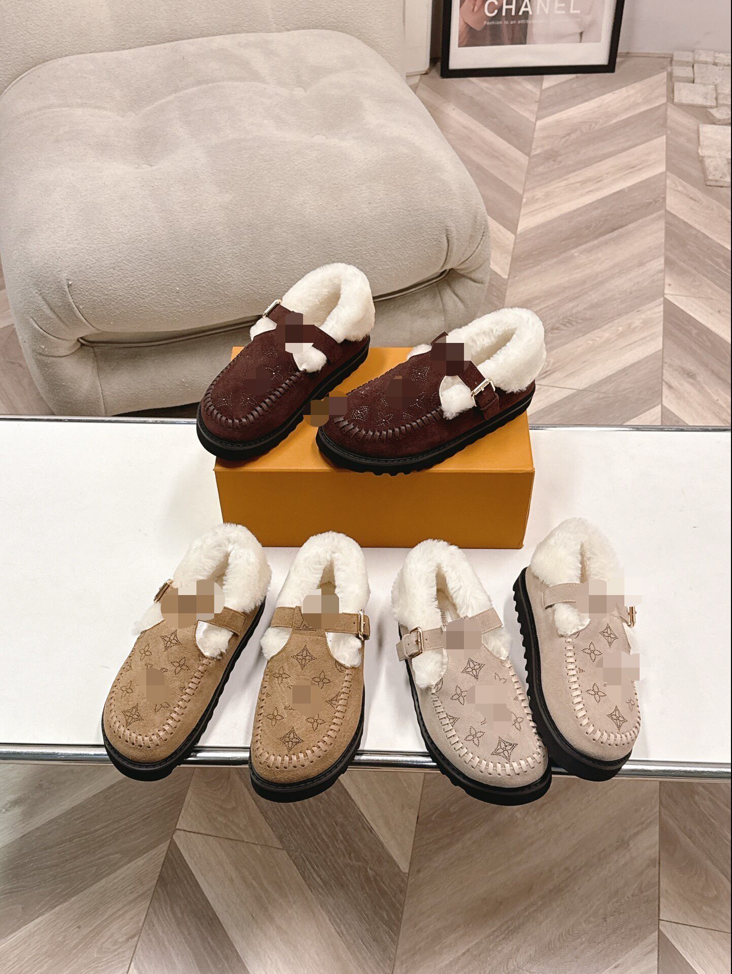 mule designer woman matte sheepskin wool buckle round toe wide thick sole home indoor luxury comfortable beige khaki brown gold cozy casual fashion